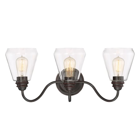 Designers Fountain Foundry 24in 3-Light Satin Bronze Industrial Indoor Vanity Light with Clear Glass Shades 90203-SB